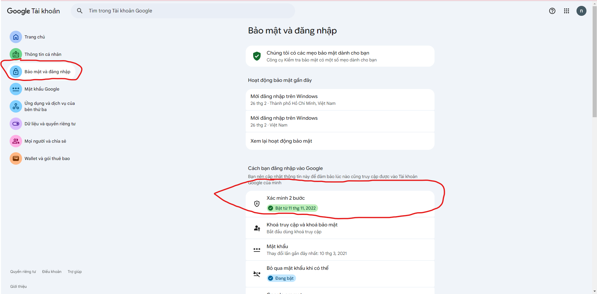 Bước 2: Vào thiết lập Bảo mật