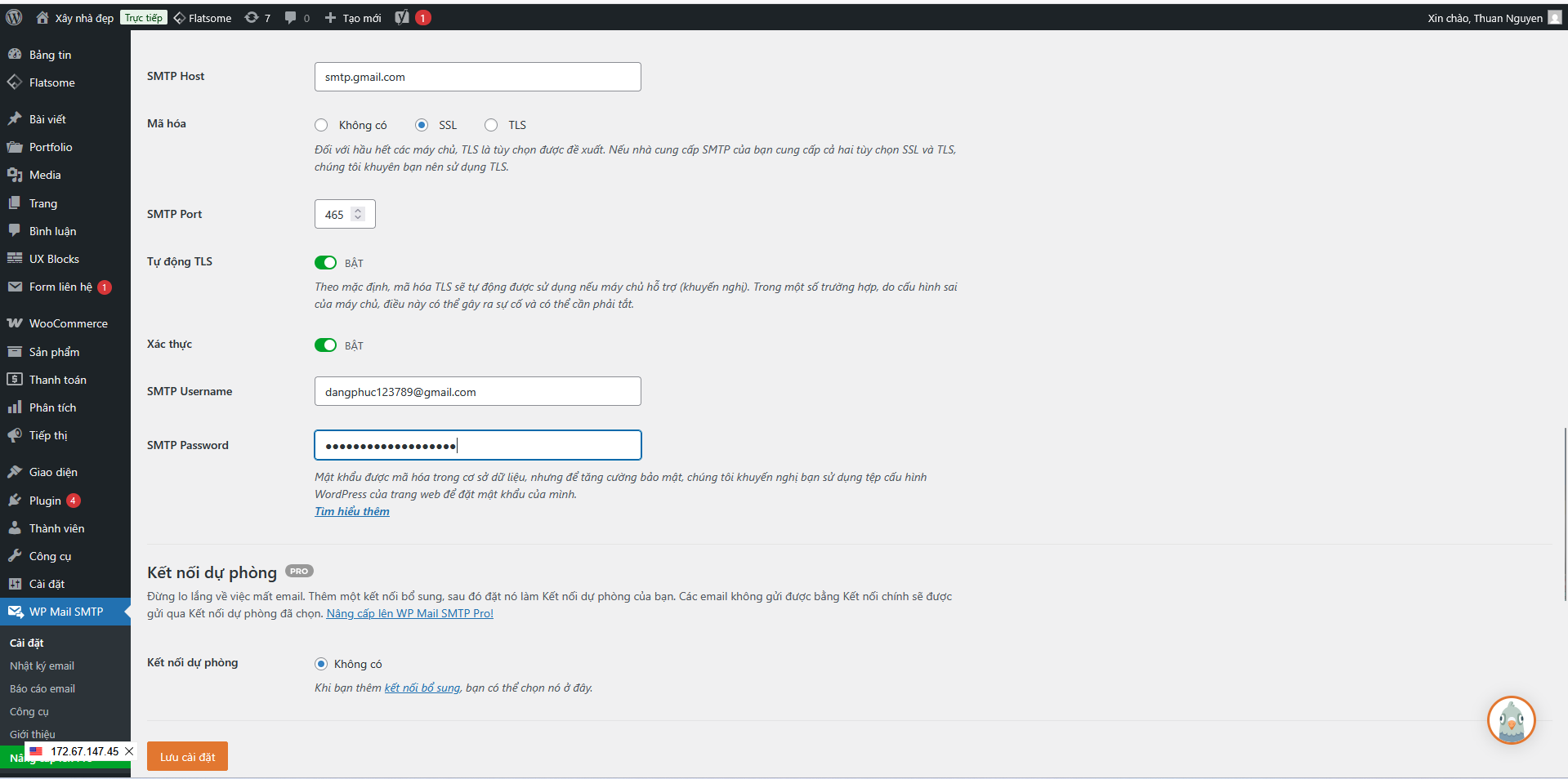 Điền các thông số SMTP chuẩn