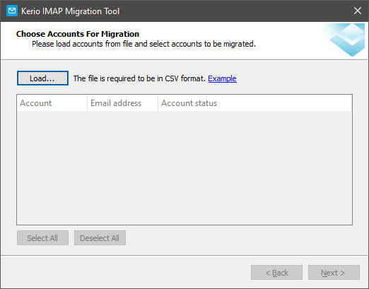 Bấm Load và chọn file CSV chứa danh sách tài khoản email cần đồng bộ.