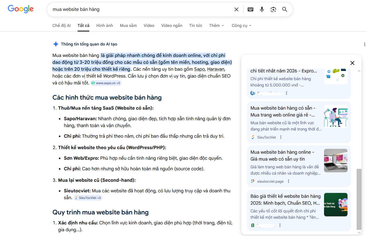 Kết quả tìm kiếm thực tế