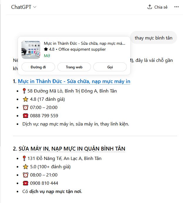 Kết quả SEO Maps Nạp Mực