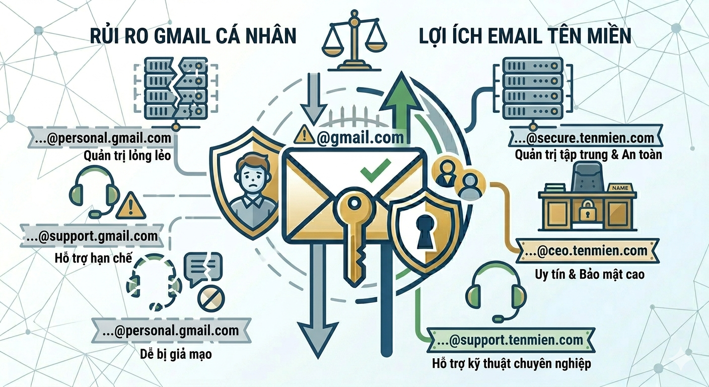 Rủi ro dùng Gmail cá nhân cho doanh nghiệp so với email theo tên miền