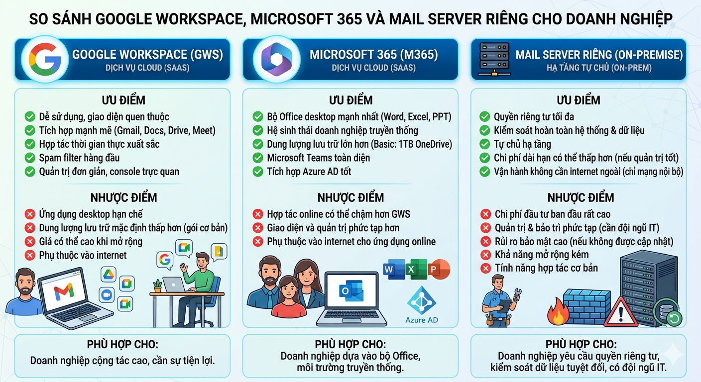 So sánh Google Workspace Microsoft 365 và mail server riêng cho doanh nghiệp