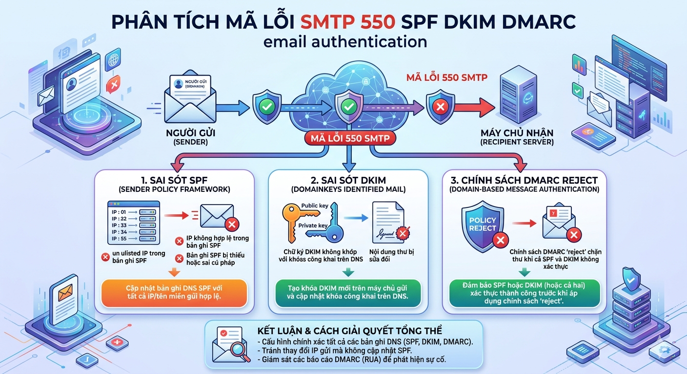 Ph&acirc;n t&iacute;ch m&atilde; lỗi SMTP 550 SPF DKIM DMARC Email gi&aacute; rẻ authentication