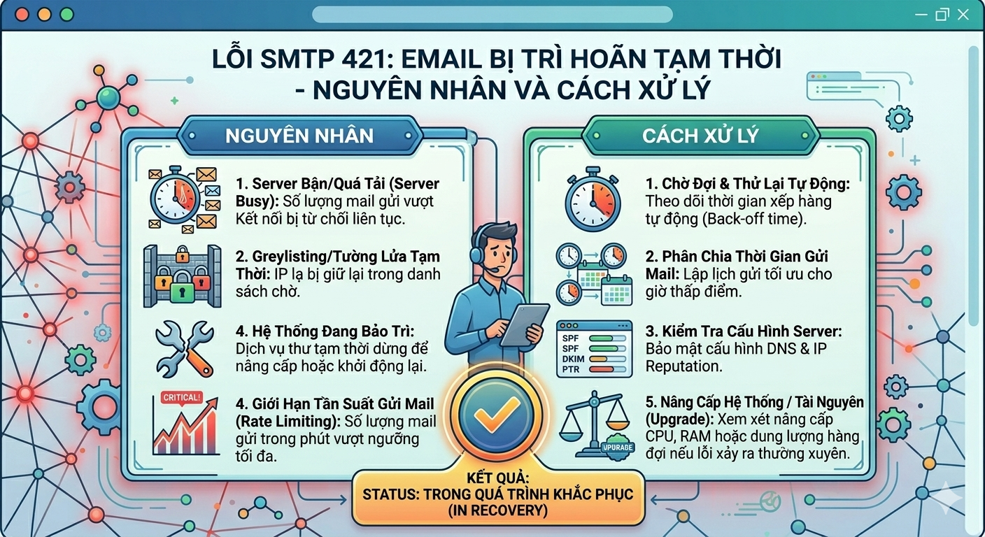 Nguy&ecirc;n nh&acirc;n SMTP 421 rate limiting greylisting server qu&aacute; tải