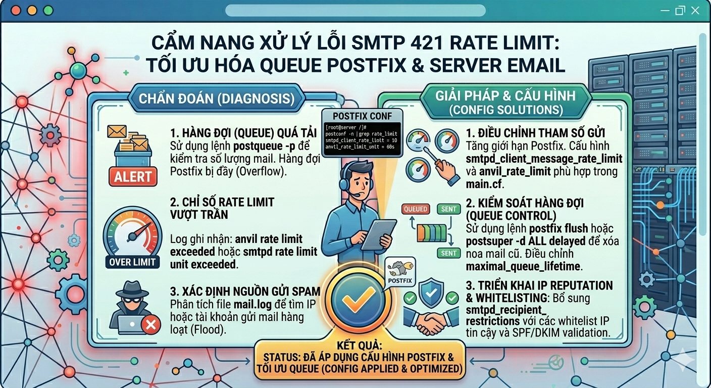 Cách xử lý lỗi SMTP 421 rate limit queue Postfix Email server
