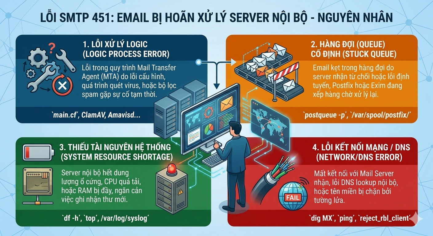 Lỗi SMTP 451 Email bị ho&atilde;n xử l&yacute; server nội bộ nguy&ecirc;n nh&acirc;n