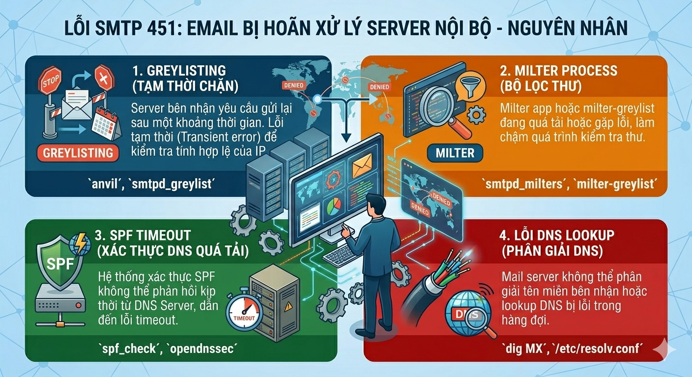 Nguy&ecirc;n nh&acirc;n SMTP 451 greylisting milter SPF timeout DNS