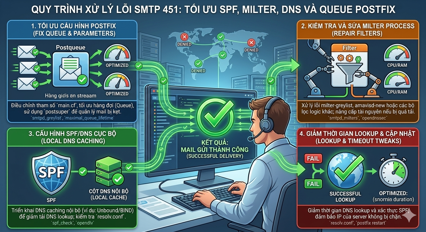 Cách xử lý SMTP 451 SPF timeout milter DNS queue Postfix
