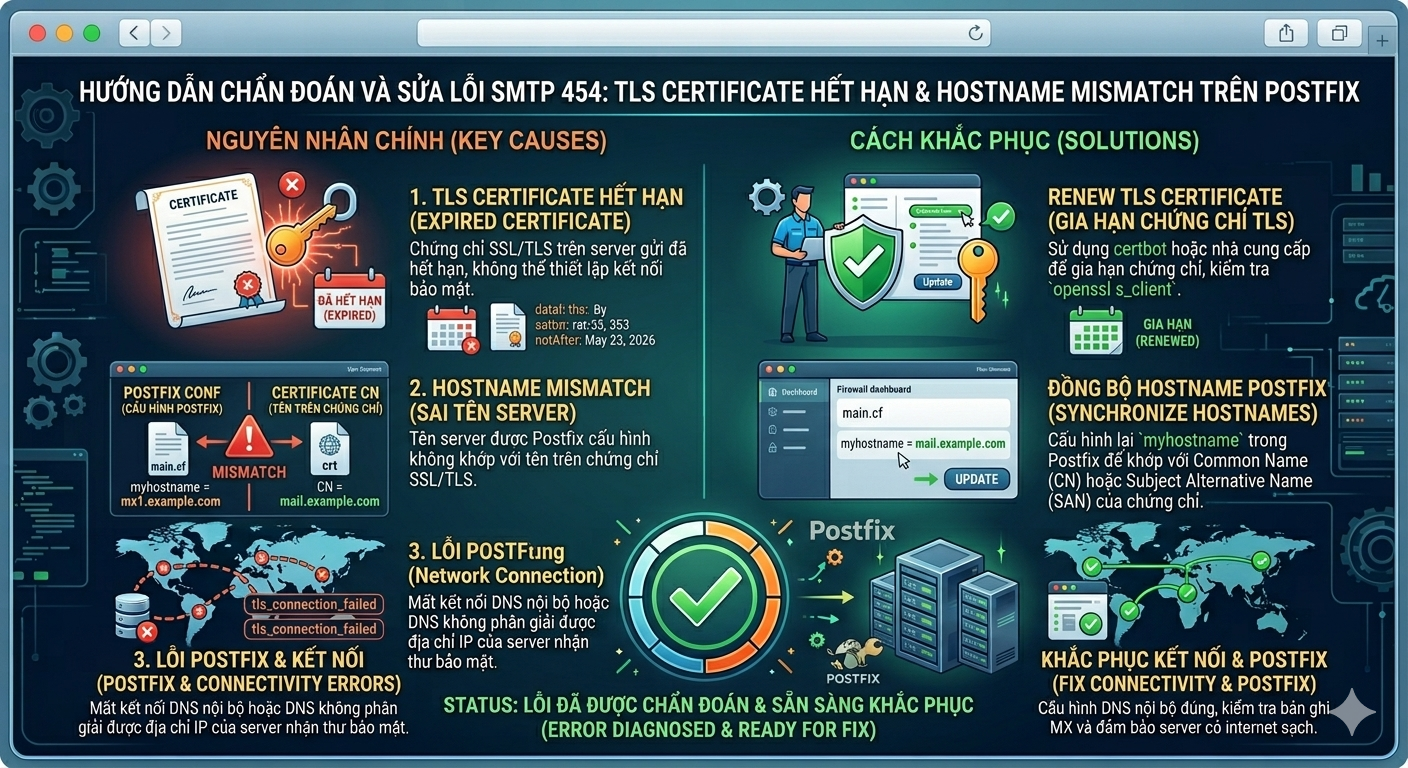 C&aacute;ch sửa SMTP 454 TLS certificate Postfix hostname mismatch Let's Encrypt
